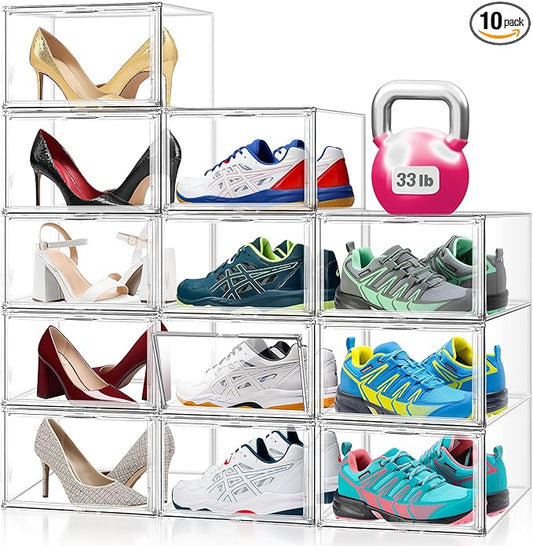 10 Pack Magnetic Shoe Boxes Acrylic Shoe Display Case, Size 12 Sneaker Storage Box Stackable Shoe Containers, Clear Dustproof Shoe Cabinet for Entryway, Closet, Underbed,Hallway, Bathroom