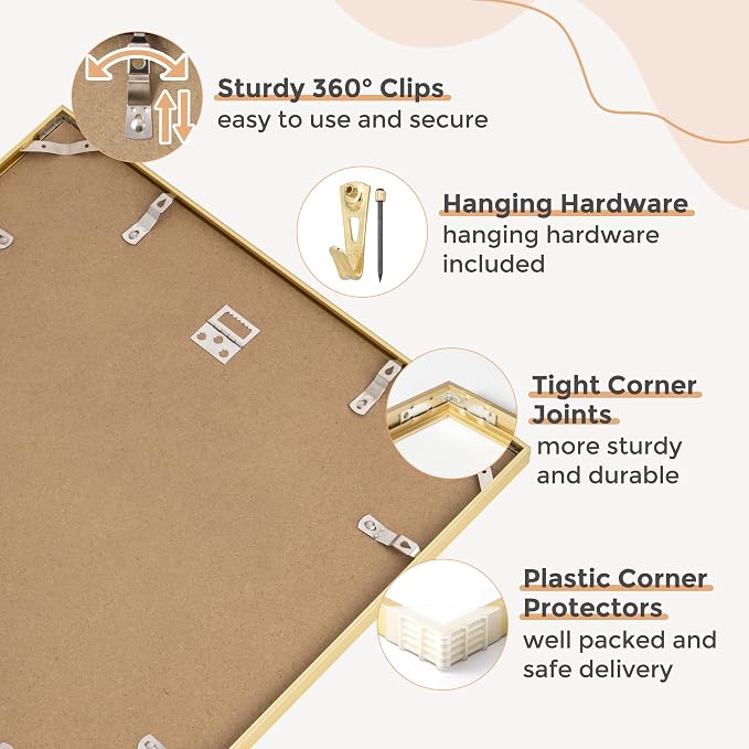 FLYJOE 12x12 Frame - Metal Square Picture Frame With Plexiglass 12x12 Frame With Mat for 8x8 Minimalist Modern Poster Frame Hanging Hardware Included (Gold, 3Pcs)