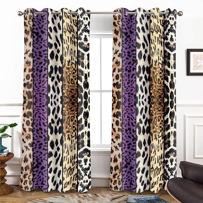 Wild Animal Print Curtain, Room Darkening Thermal Insulated Blackout Leopard Boa Window Drapes with Grommets for Living, Dining, Bedroom, Purple Leopard Print, 52"x 84", 2 Panels