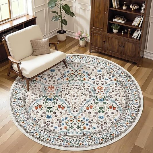 GarveeHome Beige Ivory Floral 6 ft Round Rug Washable Non-Slip Soft Low Pile Circle Carpet Vintage Rugs for Kitchen Bedroom Nursery Dining Living Room