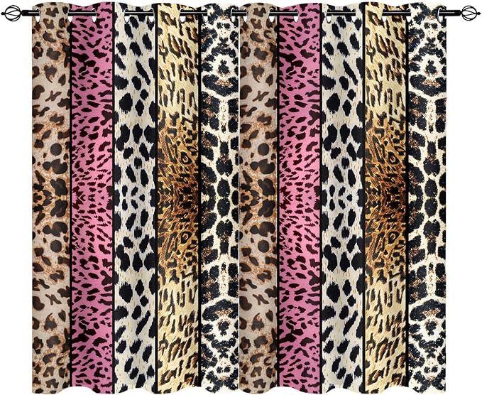 Wild Animal Print Curtain, Room Darkening Thermal Insulated Blackout Leopard Boa Window Drapes with Grommets for Living, Dining, Bedroom, Pink Leopard Print, 52"x 72", 2 Panels