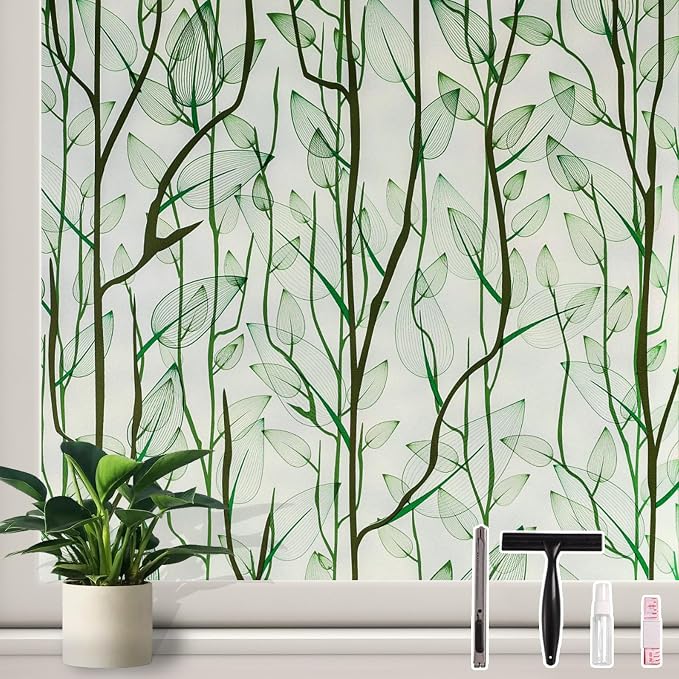 Donox Frosted Glass Window Film Heat Control UV Blocking, Static Cling Reusable Home Bathroom Door Window Privacy Film, Green Leaf Pattern Window Covering with Installation Tool, 17.5 in x 6.5 feet