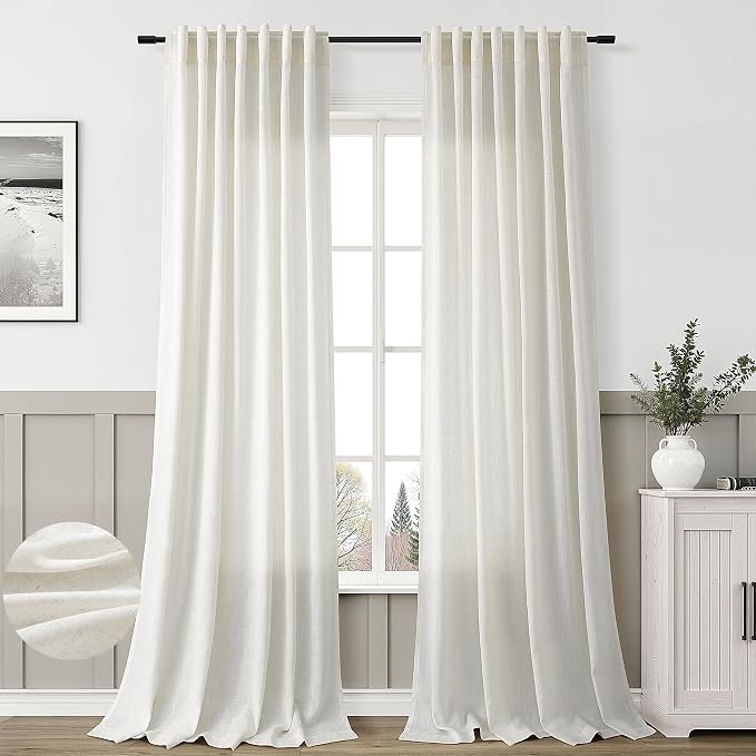 Extra Long Linen Curtains 102 Inches for Living Room Cream Back Tab Light Filtering Semi Sheer Curtain Neutral Farmhouse Boho Ceiling to Floor Drapes for Large Window Natural Ivory 52x102, 2 Panels
