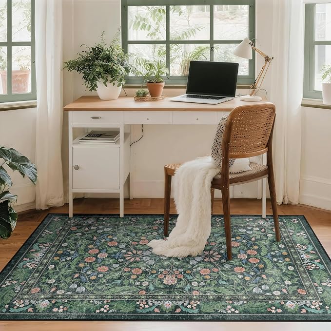 Floral Indoor Entrance 3x5 Area Rug, Washable Vintage Boho Entryway Rugs, Low Pile Non Slip Soft Carpet for Kitchen, Bedroom Beside, Laundry Room, Office Rug, Kids Room, Nursery Room， Green