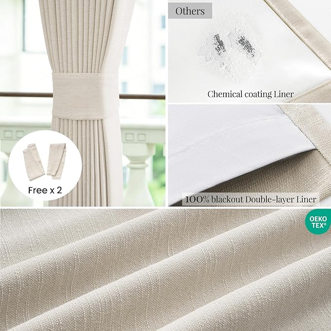 Topfinel 100% Blackout Natural Linen Rod Pocket & Back Tab Drapes for Bedroom, 92 Inch Long Cream Beige Panels for Sliding Glass Doors, Farmhouse Aesthetic Window Drapery, Cream Beige 52" W*92" L