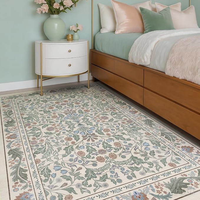 Floral Indoor Entrance 4x6 Area Rug, Washable Vintage Boho Entryway Rugs, Low Pile Non Slip Soft Carpet for Kitchen, Bedroom Beside, Laundry Room, Office Rug, Living Room, Nursery Room， Beige Green