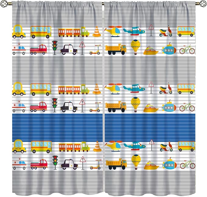 Cartoon Vehicles Blackout Curtain,Kids Boys Cute Cars Pattern Print Window Treatment Curtains Dining Room Living Room Kitchen Cafe Bedroom Office Nursery Drapes,55x63 in