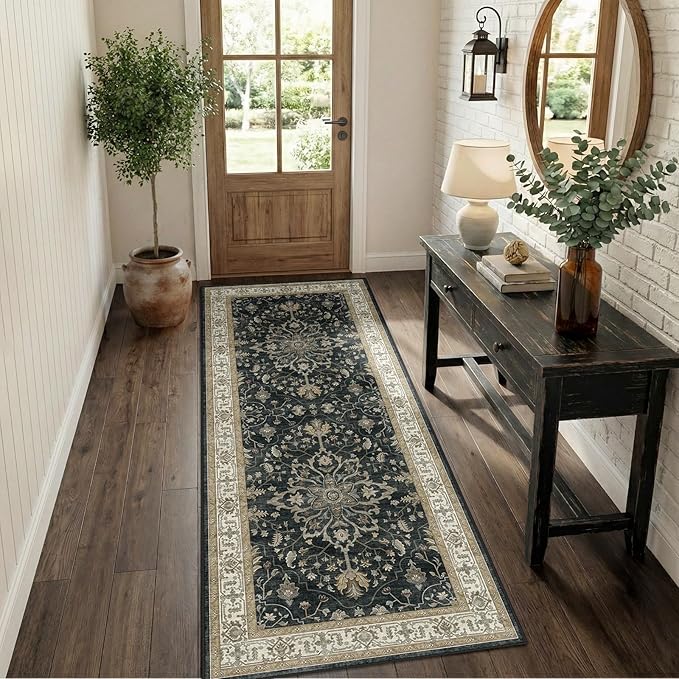 RELEANY Area Rugs Runner 2'x5' Washable Non-Slip, Floral Vintage Distress Medallion Carpet for Kitchen Hallway Bedroom Beside Laundry Room Bathroom, Vintage Black Brown Neutral