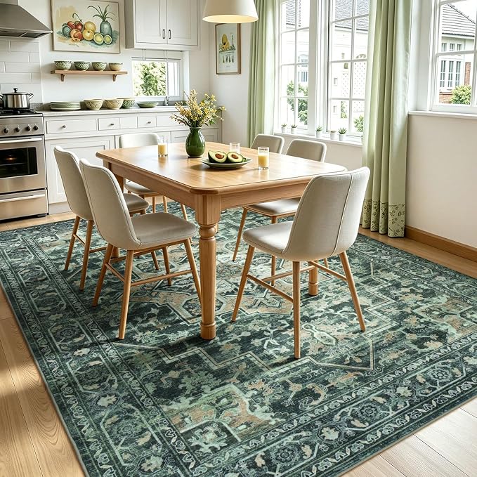 Lofus 8x10 Washable Rugs Non-Slip, Vintage Floral Area Rug for Living Room Bedroom Dining Room Kitchen, Low Pile Distress Print Carpet Home Decor Rug, Octagram Medallion Green