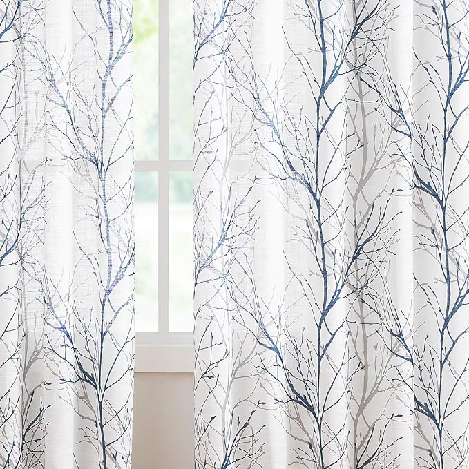 FMFUNCTEX Blue White Curtains 50" X 45" for Kitchen Living Room Tree Branch Print Wrinkle- Free Small Linen Texture Semi Sheer Window Panels for Bedroom 2 Panels, Grommet Top