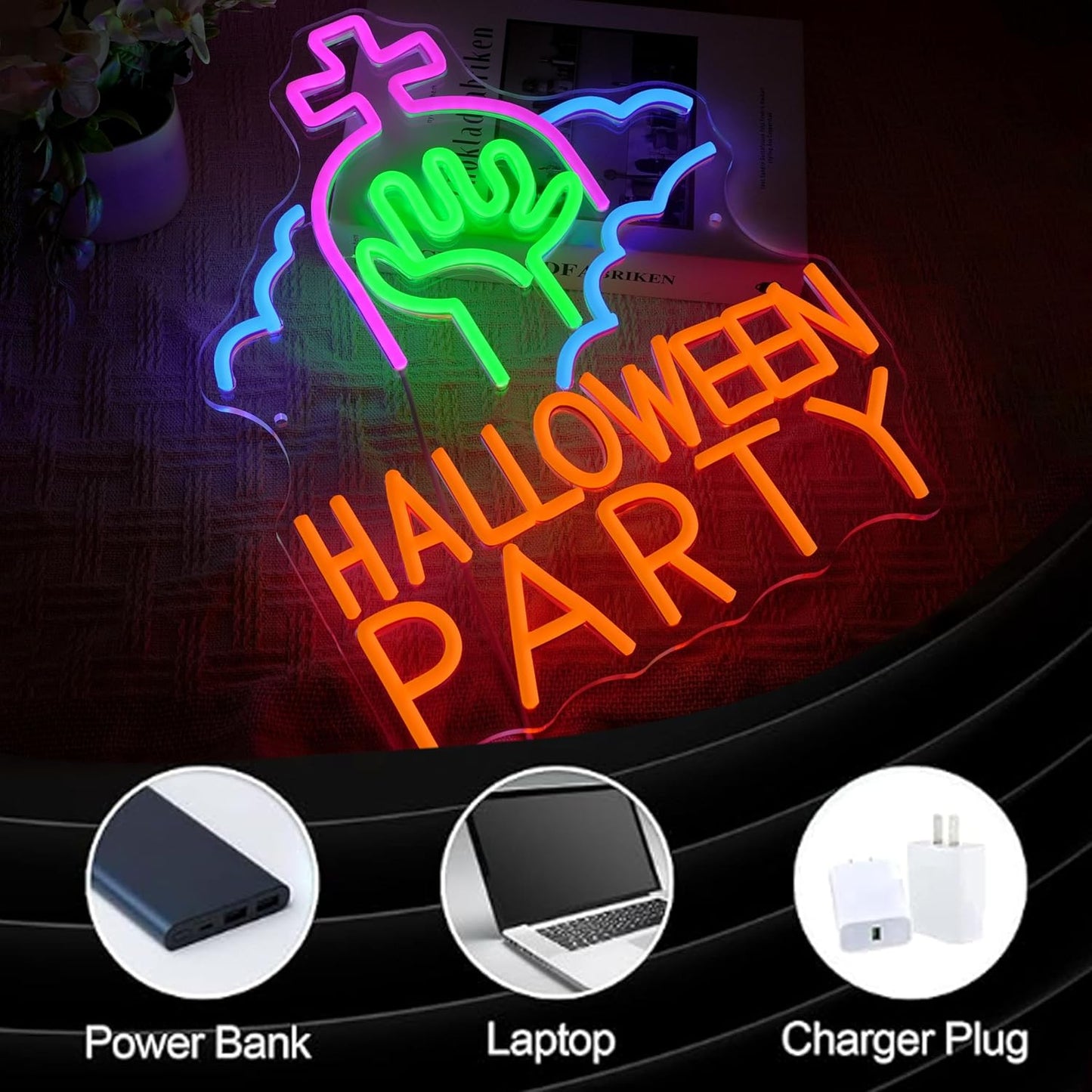 Halloween Party Neon Sign USB Powered Gothic Tombstone Light up Sign Dimmable Halloween Ghost Hand Neon Light Wall Decor for Halloween Party Bedroom Bar Man Cave Spooky House