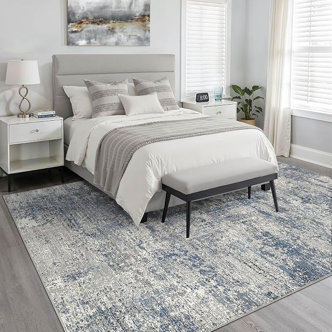 5x8 Area Rug Living Room: Washable Large Neutral Rug Abstract Soft Modern Stain Resistant Indoor Floor Non-Slip Carpet for Bedroom Nursery Kids Office Playroom Dining Room Under Table- Blue Gray