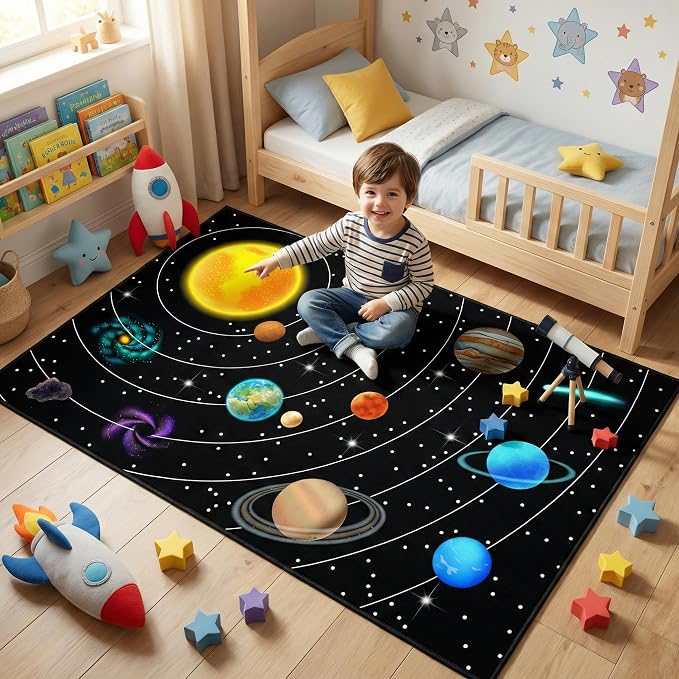Space Rugs for Bedroom,Outer Space Rug for Boys Room with Solar System Theme,Space Themed Carpet for Kids Bedroom Decor,2'5''×4'