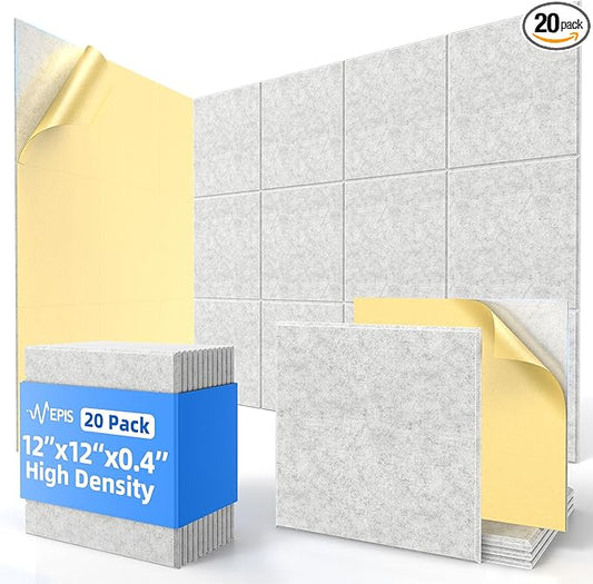 20 Pack Acoustic Panels with Self Adhesive, 12" X 12" X 0.4" High Density Sound Proof Foam Panels for Walls, Soundproof Wall Panels, Square Sound Absorbing Panels for Home Studio Office Decor - Grey