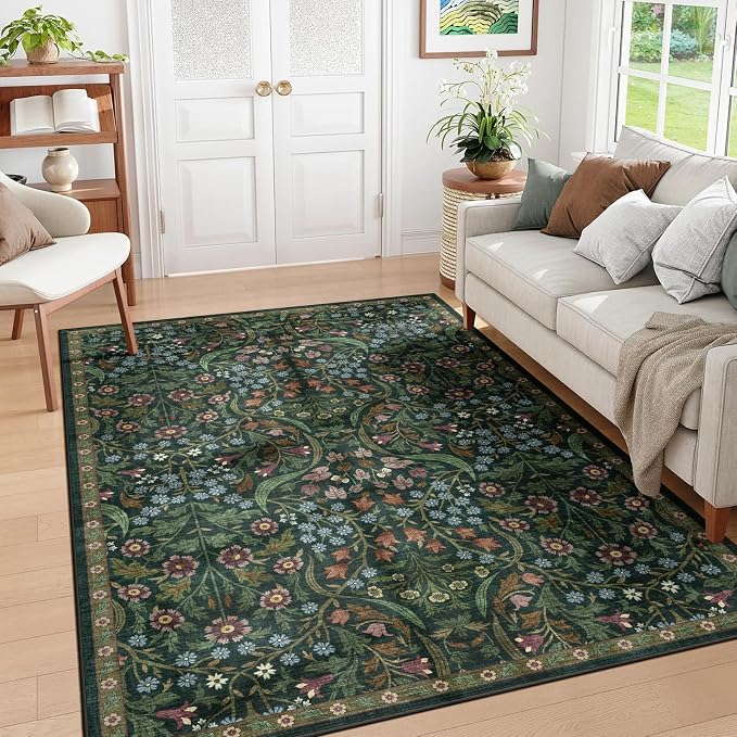 8x10 Washable Area Rug for Living Room, Green Floral Non-Slip Non-Shedding & Easy Care Soft Low Pile Forest Boho Indoor Floor Carpet for Living Room Bedroom Farmhouse Dining Room Kids Playroom