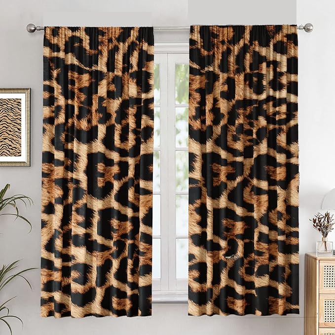 Leopard Print Curtains 42(W) X 63(H) for Living Room and Bedroom - Rod Pocket Cheetah Decor Brown 2 Panels