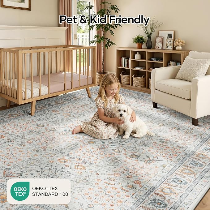 Lofus 9x12 Large Beige Area Rug for Living Room & Bedroom Washable Non-Slip | Soft Boho Vintage Area Rugs for Bedroom Dinning Room Home Office Indoor