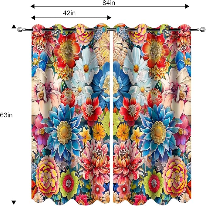MissHope Boho Flower Floral Blackout Curtains Vintage Colorful Bohemian Decor for Women Girls Mom Wife Bedroom Study Classroom Living Room Darkening Grommet Window Drapes 2 Panel Set, 42x63 Inch
