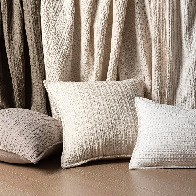 Foindtower Set of 2 Decorative Cotton Waffle Weave Throw Pillow Covers Euro Shams Cushion Covers Accent European Pillowcase for Bed Couch Sofa Bedroom Living Room Home Decor 26×26 Inch Natural Beige