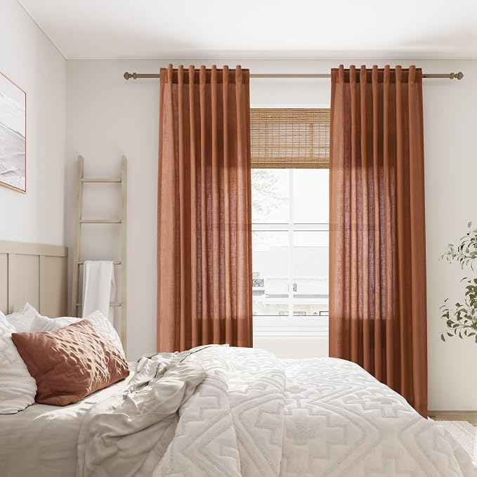 Aersas Terracotta Linen Textured Curtains 72 Inches Long for Living Room 2 Panel Set Back Tab Rod Pocket Semi Sheer Luxury Curtains Pleat Boho Window Curtain Decor for Dining Room Bedroom 52x72