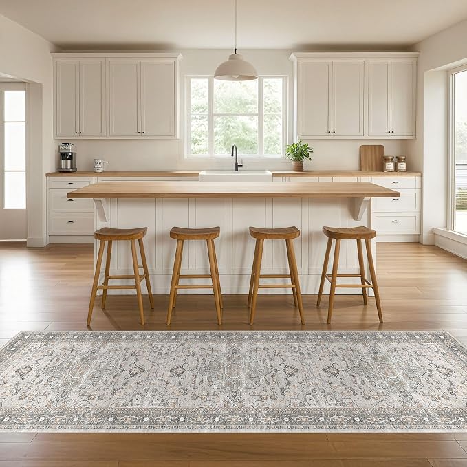 Runner Rug Kitchen Washable Rugs: 3x8 Non-Slip Boho Soft Vintage Stain Resistant Indoor Floor Neutral Farmhouse Throw Carpet for Hallway Bathroom Laundry Room Entryway Bedroom- Taupe