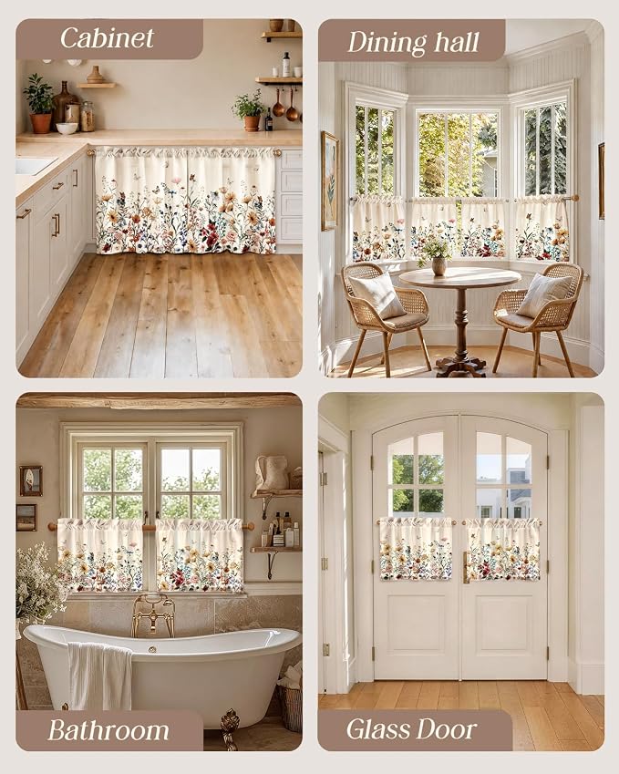Miss Adola Floral Kitchen Tier Curtains - 18 Inch Length Linen Blend Farmhouse Cafe Curtains Vintage Small Window Treatments Over Sink Rod Pocket for Bathroom Living Room Light Filtering, 2 Panels