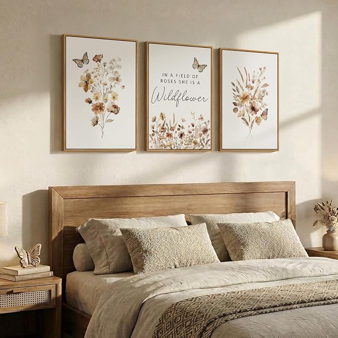Framed Farmhouse Wildflower Floral Wall Art for Bedroom, 3 Piece Neutral Botanical Canvas Prints Painting, Rustic Flower Picture Wall Decor for Living Room Hallway Nursery Girls Room, 16x24 Inch