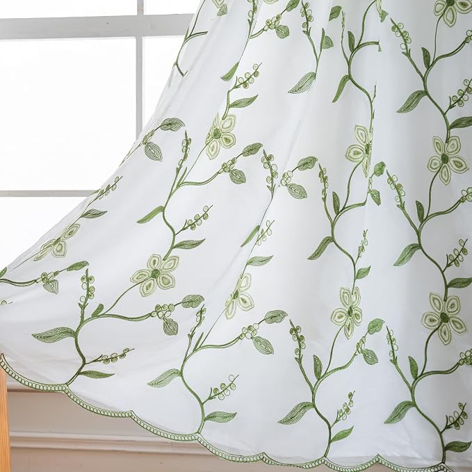 Petrichor Embroidered Sheer Curtain 2 Panels Set - Luxury Window Curtain Attached Valance with Satin Backing and 2 Tie Backs for Living Room,Dining Room, 54x95 inches, Sage Green