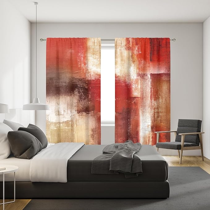 MESHELLY Abstract Red Curtains 42Wx63H Inch Rod Pocket Rustic Burgundy Brown Blocks Oil Painting Farmhouse Bedroom Window Drapes Modern Aesthetic Printed Living Room Window Treatment
