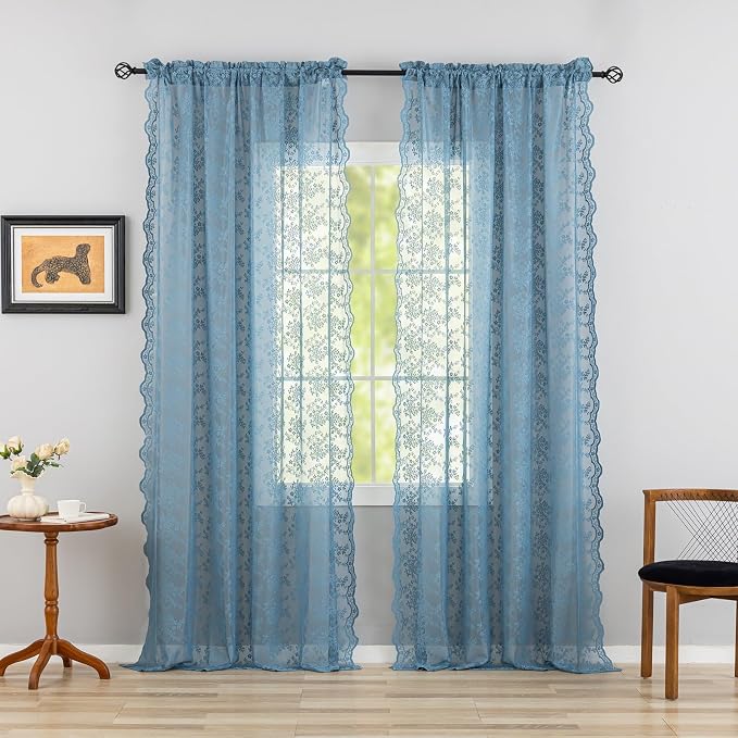 YJ YANJUN Vintage Lace Curtains 84 Inch Length-Dusty Blue Floral Sheer Curtains for Bedroom Living Room Hallway Doorways 2 Panels Set Beach Coastal Decor Rod Pocket W52 X L84 inch Stone Blue