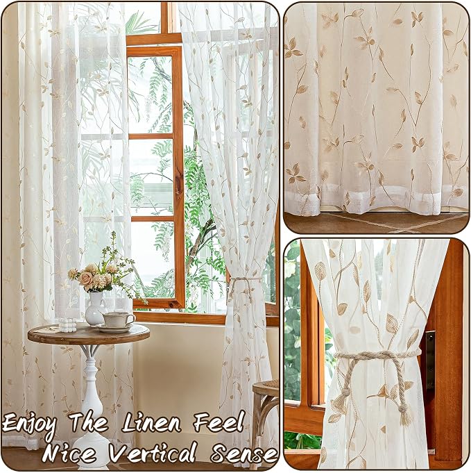 AmHoo 2 Panels Embroidered Leaf Pattern Semi Sheer Curtains Foliage Floral Voile Window Draperies Treatment for Bedroom Living Room Rod Pocket White Beige 53 x 84 Inch