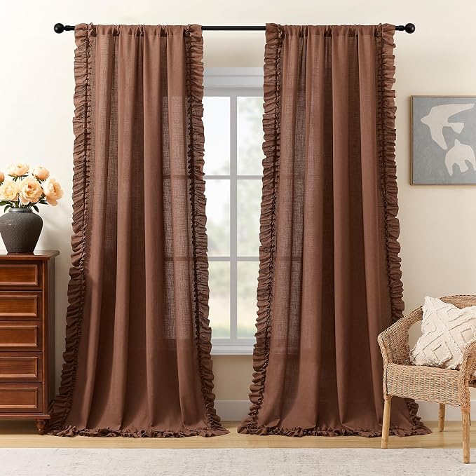 Dark Terracotta Linen Curtains 72 Inch Length, 2 Panels, W58 x L72 In, Linen Textured Rust Colored Farmhouse Ruffle Curtains for Living Room Rod Pocket Privacy Semi-Sheer Autumn Fall Scalloped Curtain