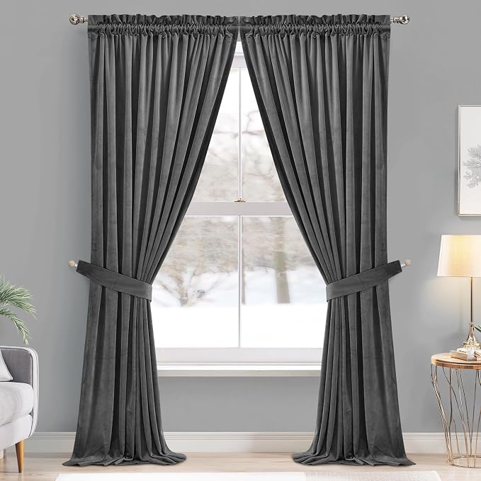 StangH Grey Velvet Curtains 108 inches Long Dual Rod Pocket, 2 Panels | 300GSM Soft Velvet, Room Darkening, Thermal Insulated, Privacy Protect, Noise Absorb, Bedroom, Living Dining Room