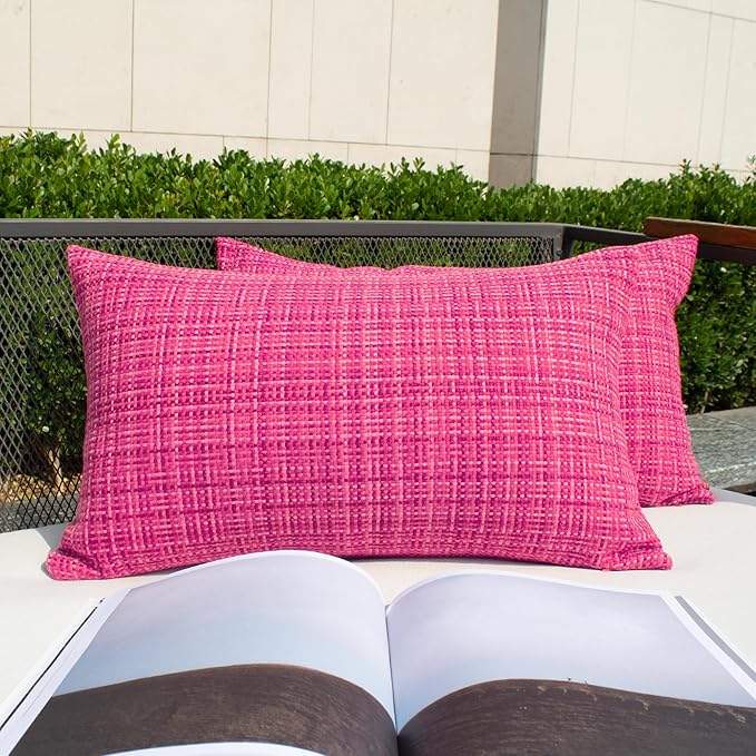 Kevin Textile Outdoor Waterproof Throw Pillow Covers 12x24 Inch Pack of 2 Woven Faux Linen Farmhouse Decorative Water Resistant Lumbar Cushion Covers for Tent Patio Garden Couch Sofa Hot Pink