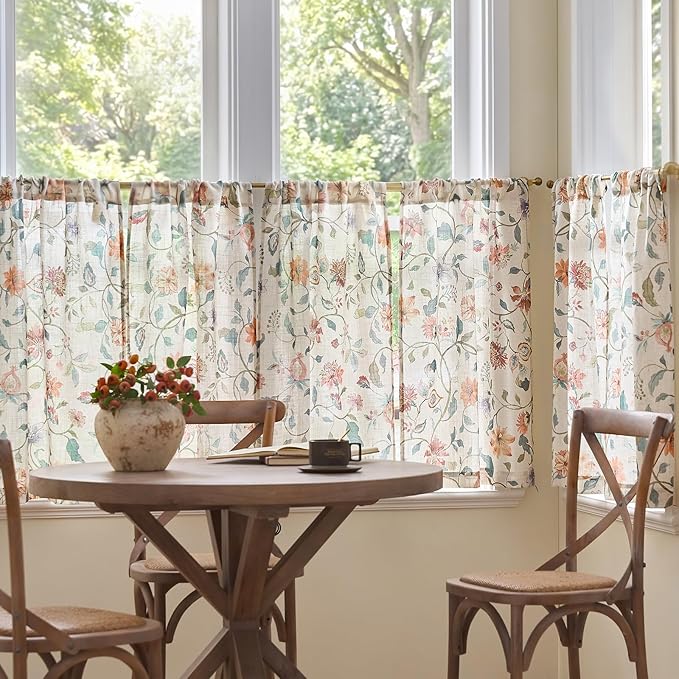 jinchan Hattie Floral Linen Kitchen Curtains 30 Inch Length Vintage Cottage Core Farmhouse Cafe Curtains Light Filtering Small Window Drapes for Living Room Bathroom Rod Pocket 2 Panels Beige