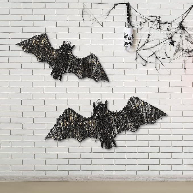 Glooglitter 2 Pack Rattan Bats with Hanging Loops Halloween Lights 3D Lit Woven Bats with Timer Remote for Rustic Modern Farmhouse Decorations