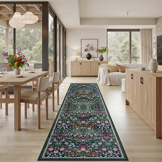 Runner Rug for Entryway: 2.6x10 Kitchen Rugs Non Slip Washable Ultra-Thin Soft Floral Carpet Indoor Floor Stain Resistant Carpets for Hallway Bedroom Kitchen Laundry Bathroom Dorm Dark Green