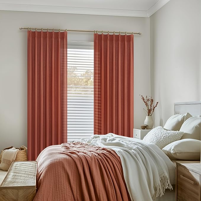 Pinch Pleated Burnt Orange Semi Sheer Curtains 102 Inches Long 2 Panels Set for Dining Room, Petty Natural Thick Linen Light Filtering Triple Pleat Aesthetic Curtain with Back Tab 40"W x 102"L Length