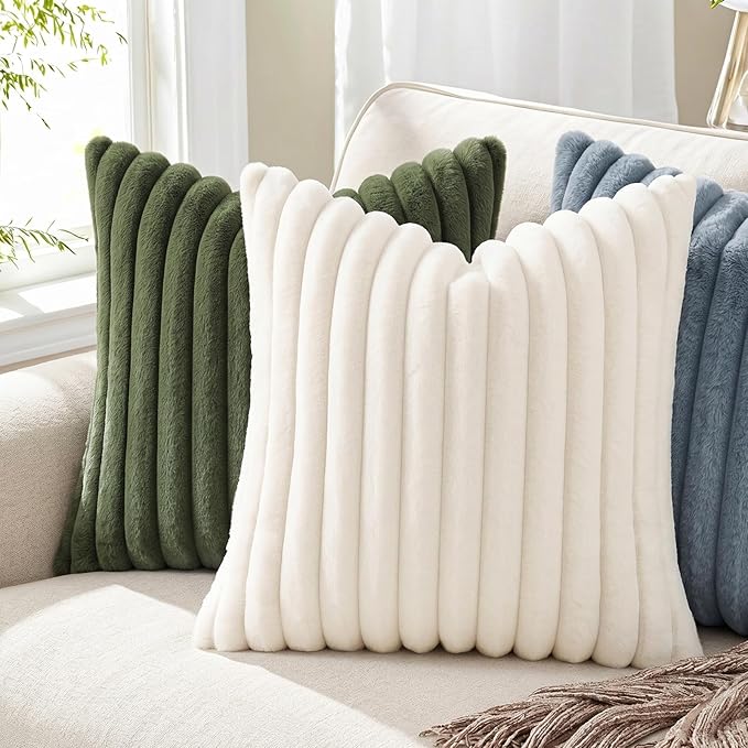 Pallene Faux Fur Plush Throw Pillow Covers 16x16 Set of 2, Luxury Soft Fluffy Striped Decorative Pillow Covers for Sofa, Couch, Living Room, Blue Grey