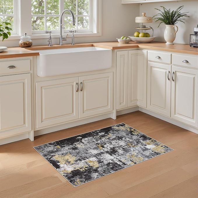 Abstract 2x3 Area Rug: Machine Washable Non Slip Ultra Thin Low-Pile Carpet, Soft Stain Resistant for Entryway Kitchen Bathroom, Kid Pet Friendly, Robot Vacuum Compatible - Black Gold
