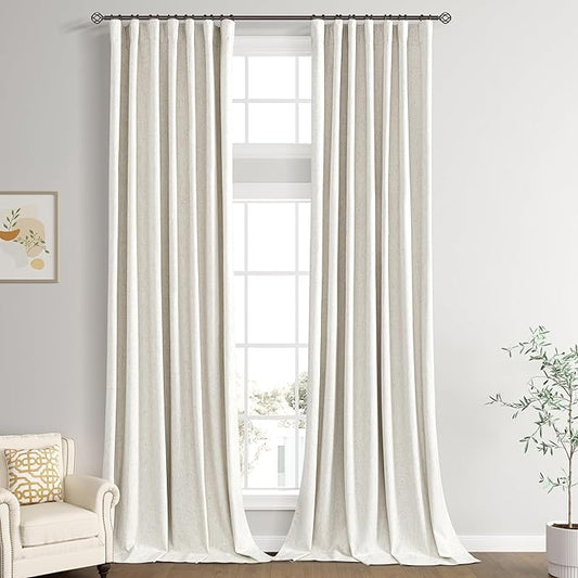 Joywell 100% Blackout Extra Long Linen Curtains 144 Inches for Bedroom Large Window Back Tab Natural Black Out Curtain Thermal Insulated Drapes 12 FT Floor to Ceiling Cream Ivory 2 Panel,52 x 144