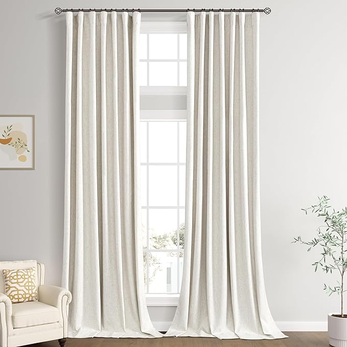 Joywell 100% Blackout Extra Long Linen Curtains 142 Inch Long for Bedroom Natural Black Out Curtain 2 Panel Back Tab Light Blocking Drapes for Living Room Large Window Cream Ivory 52 x 142