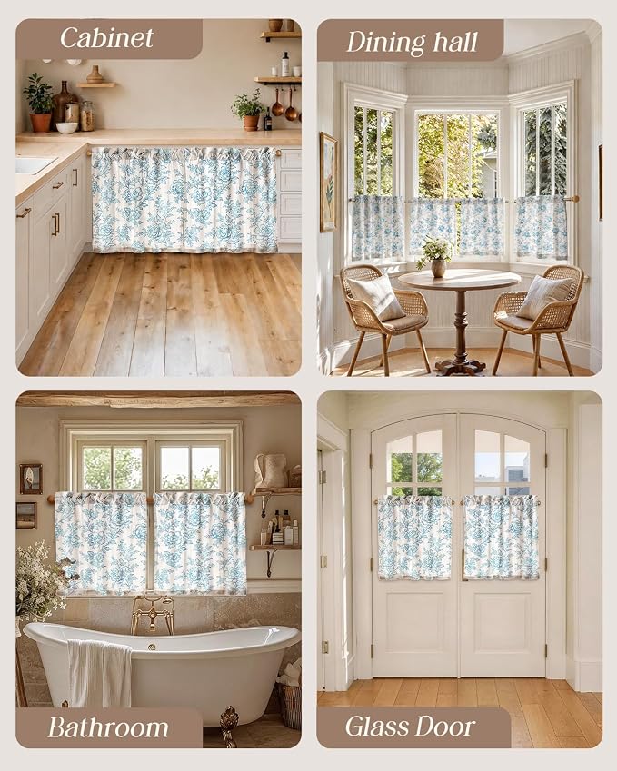 Miss Adola Farmhouse Kitchen Tier Curtains - 24 Inch Length Linen Blend Cafe Curtains Blue Floral Small Window Treatments Over Sink Rod Pocket for Bathroom Living Room Light Filtering, 2 Panels