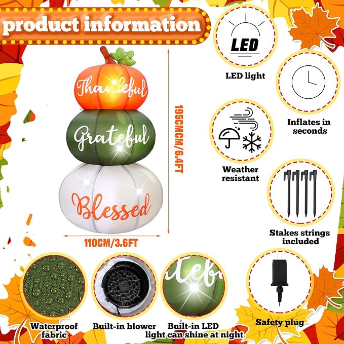 VIHOSE 6.4 ft Fall Inflatables Pumpkin Outdoor Decorations Thanksgiving Blow up Inflatable Stacked Pumpkins with Built-in LEDs for Fall Harvest Autumn Holiday Party Garden Lawn Decor