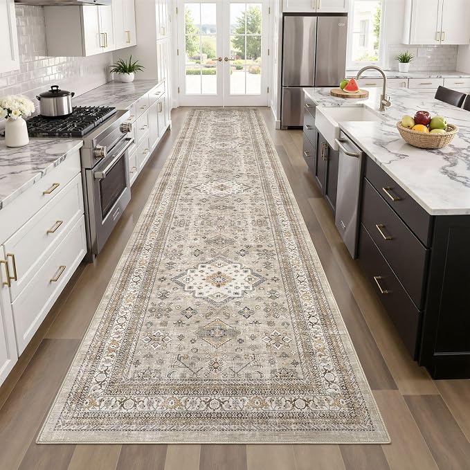 Vintage Hallway Runner Rug 3x10: Large Soft Washable Entryway for Kitchen Laundry Room Non-Slip Backing Runner for Entrance Living Room Bedroom Bathroom - Beige
