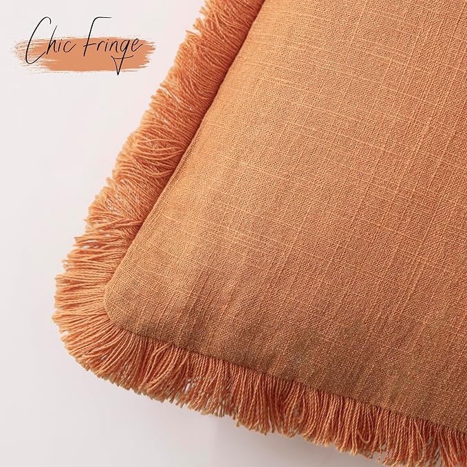 Foindtower Set of 2 Decorative Linen Fringe Lumbar Throw Pillow Covers Boho Farmhouse Cushion Cover with Tassels Soft Accent Pillowcase for Couch Sofa Living Room Home Decor,12×20 Inch,Dusty Orange