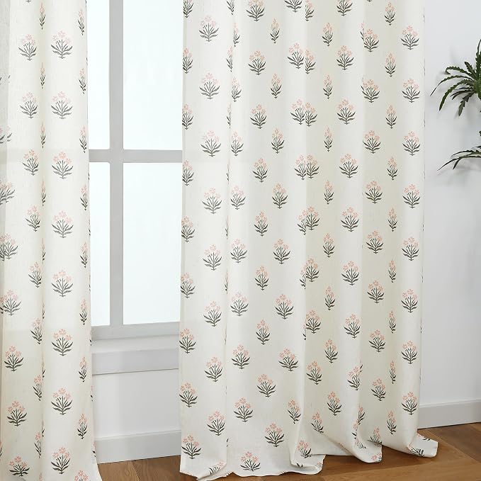 Pink Curtains 2 Panels Sheer Floral Linen Pretty Boho Shabby Chic Victorian Curtains for Living Room Bedroom Princess Girls