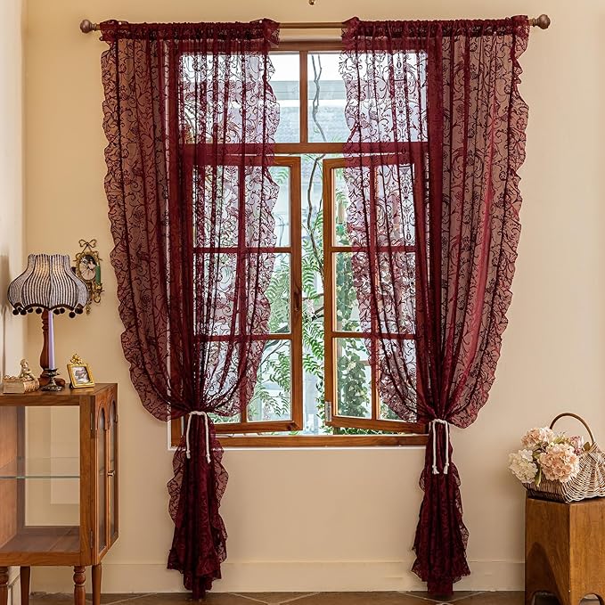 TUDECO Dark Red Curtains for Living Room 2 Panels - Rustic Country Sheer Floral Lace Red Curtains 108 Inches Long, Pretty Ruffle Edges Burgundy Decor Light Filtering Room Window Drapes, 59 x 108 Inch