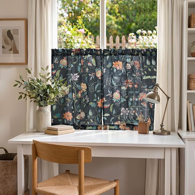 jinchan Hattie Floral Linen Kitchen Curtains 30 Inch Length Vintage Cottage Core Farmhouse Cafe Curtains Light Filtering Small Window Drapes for Living Room Bathroom Rod Pocket 2 Panels Dark Blue