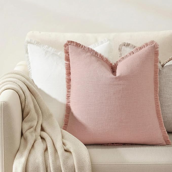 decorUhome Linen Fringe Throw Pillow Covers Set of 2 Decorative Pink Pillow Covers with Tassels Soft Accent Boho Farmhouse Pillow Cases for Couch Bed Sofa 20x20 Inch
